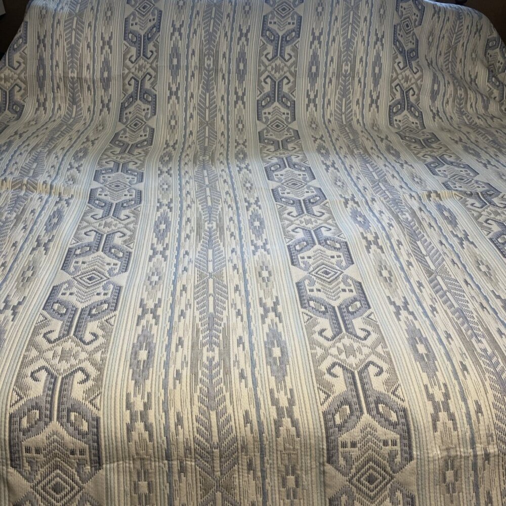 Vintage San Marcos Blanket 96x98 Blue White Bedspread Coverlet Reversible Queen